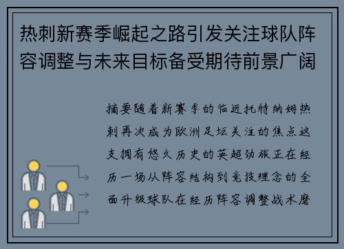 热刺新赛季崛起之路引发关注球队阵容调整与未来目标备受期待前景广阔