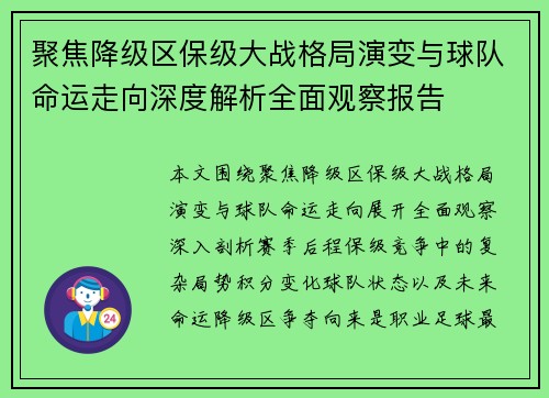 聚焦降级区保级大战格局演变与球队命运走向深度解析全面观察报告